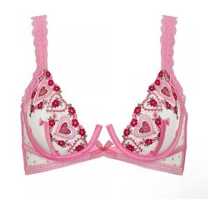 For Love & Lemons Pink and White Floral Lace Bra
